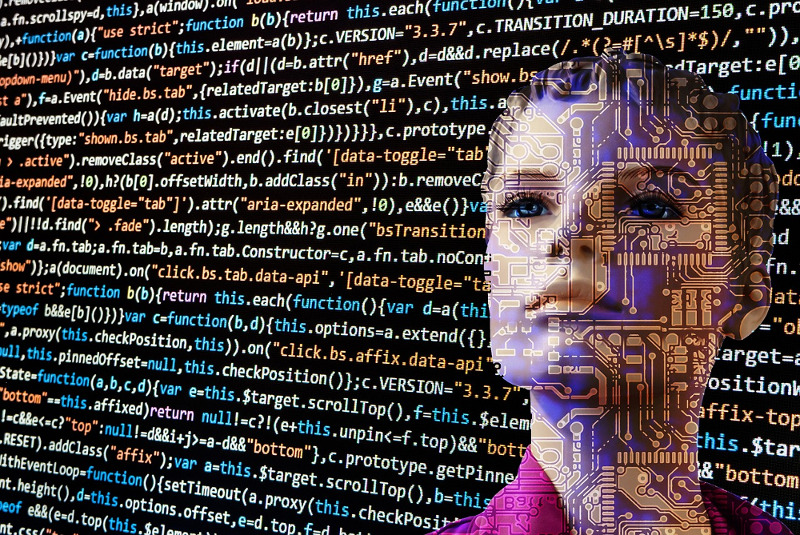 lines of code with artificial face in the background