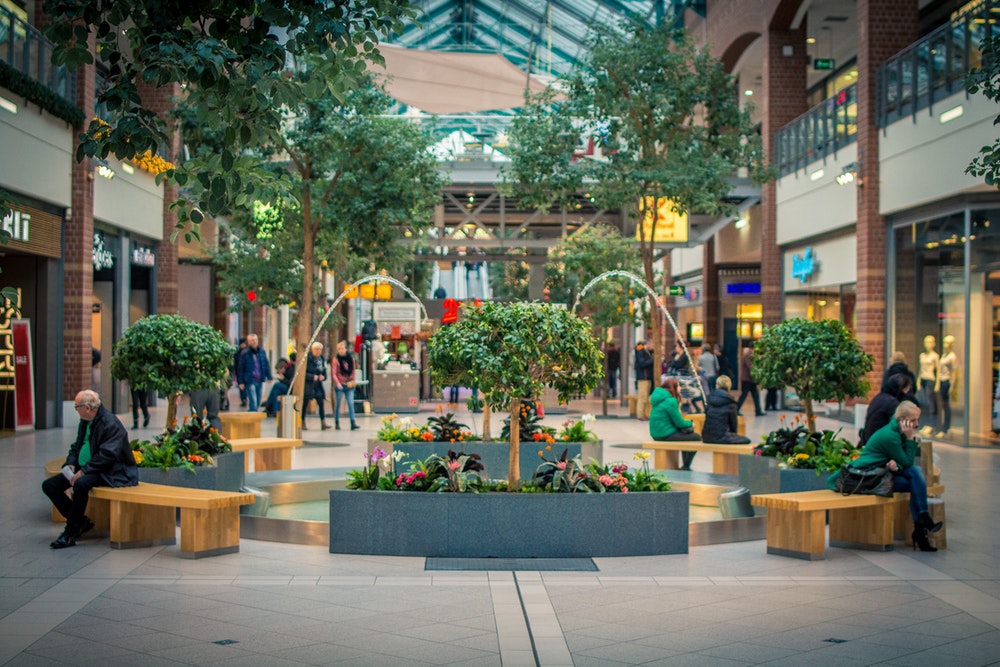 corridor with a fountain and trees inside a shopping center