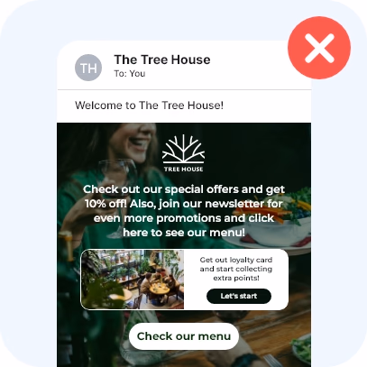 Cluttered welcome email with a busy photo, long text and two competing offers