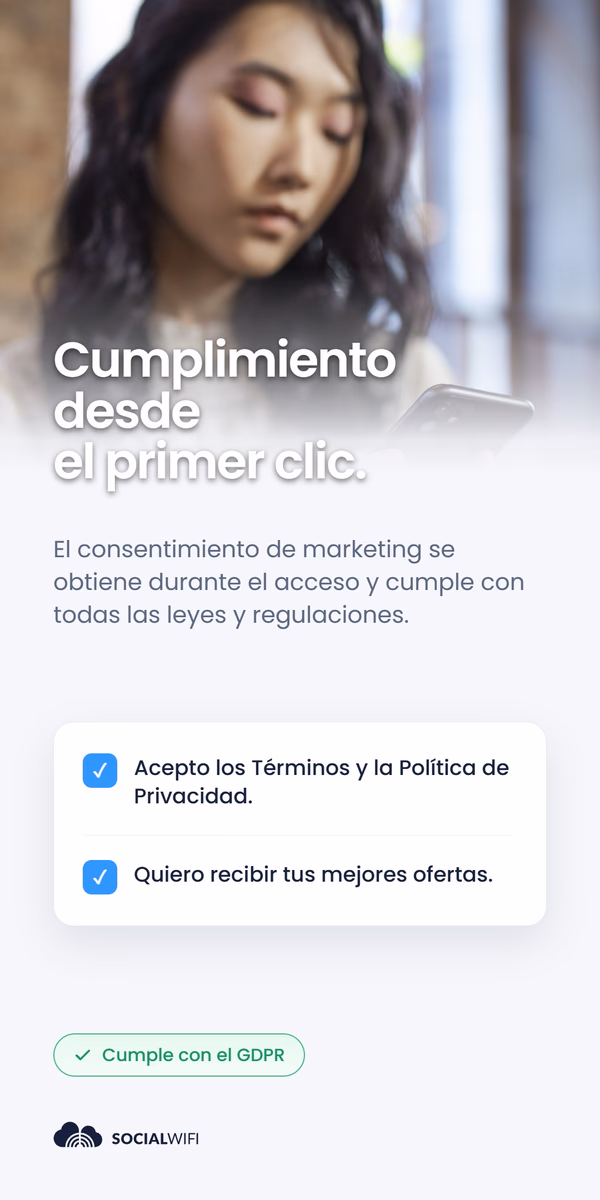Mujer revisando su teléfono junto al titular 'Cumplimiento desde el primer clic', con un panel de consentimiento de acceso WiFi que muestra las casillas marcadas 'Acepto los Términos y la Política de Privacidad' y 'Quiero recibir sus mejores ofertas', y la insignia 'Cumple con el GDPR'
