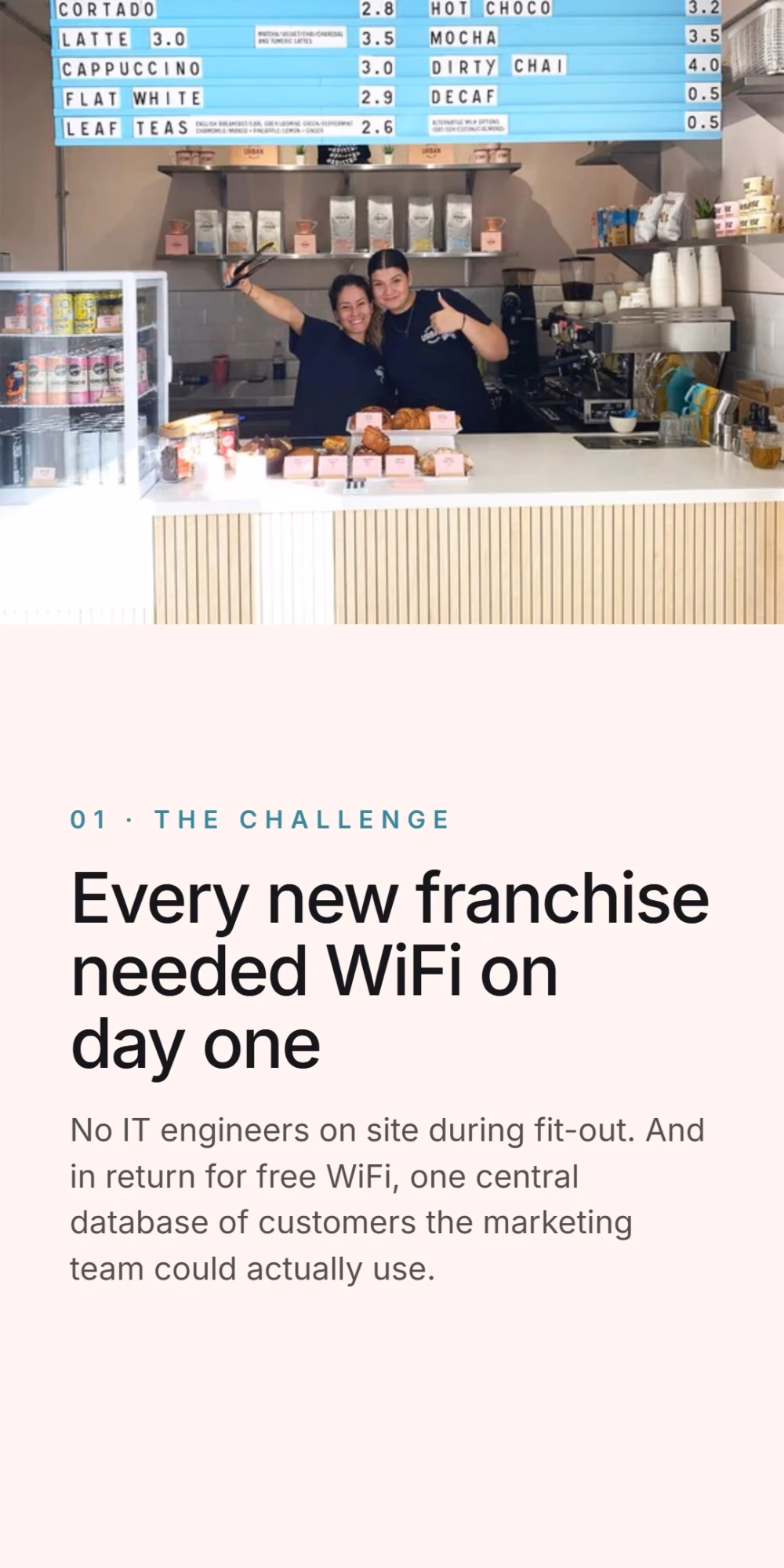 The challenge: every new franchise needed WiFi on day one, with no IT engineers on site during fit-out, and one central customer database the marketing team could actually use.