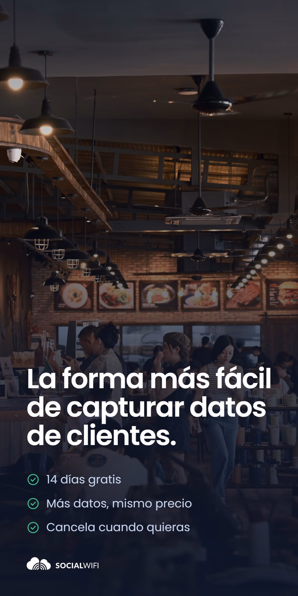 Personas usando sus teléfonos en un restaurante concurrido, bajo el titular 'La forma más fácil de capturar datos de clientes' y una lista de beneficios - 14 días gratis, más datos mismo precio, y cancele cuando quiera