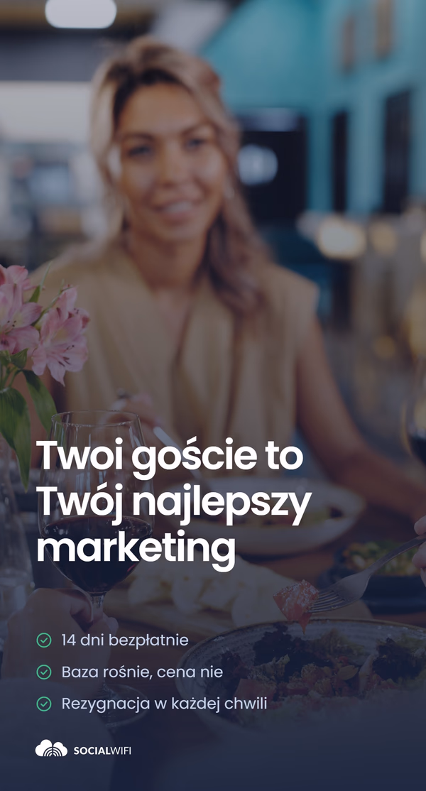 Kobieta ciesząca się kolacją z winem i kwiatami na stole, z nagłówkiem 'Twoi goście to Twój najlepszy marketing' i listą korzyści - 14 dni bezpłatnie, baza rośnie, cena nie, oraz rezygnacja w każdej chwili