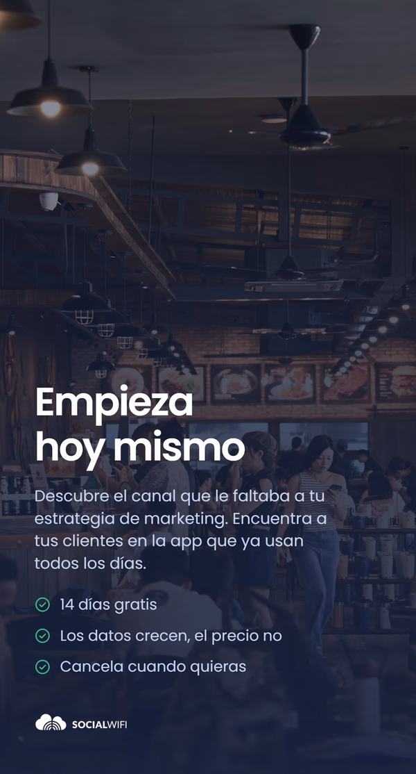 Huéspedes revisando sus teléfonos en un restaurante concurrido, bajo el titular 'Empieza hoy' y una lista de beneficios - 14 días gratis, tus datos crecen, el precio no, cancela cuando quieras