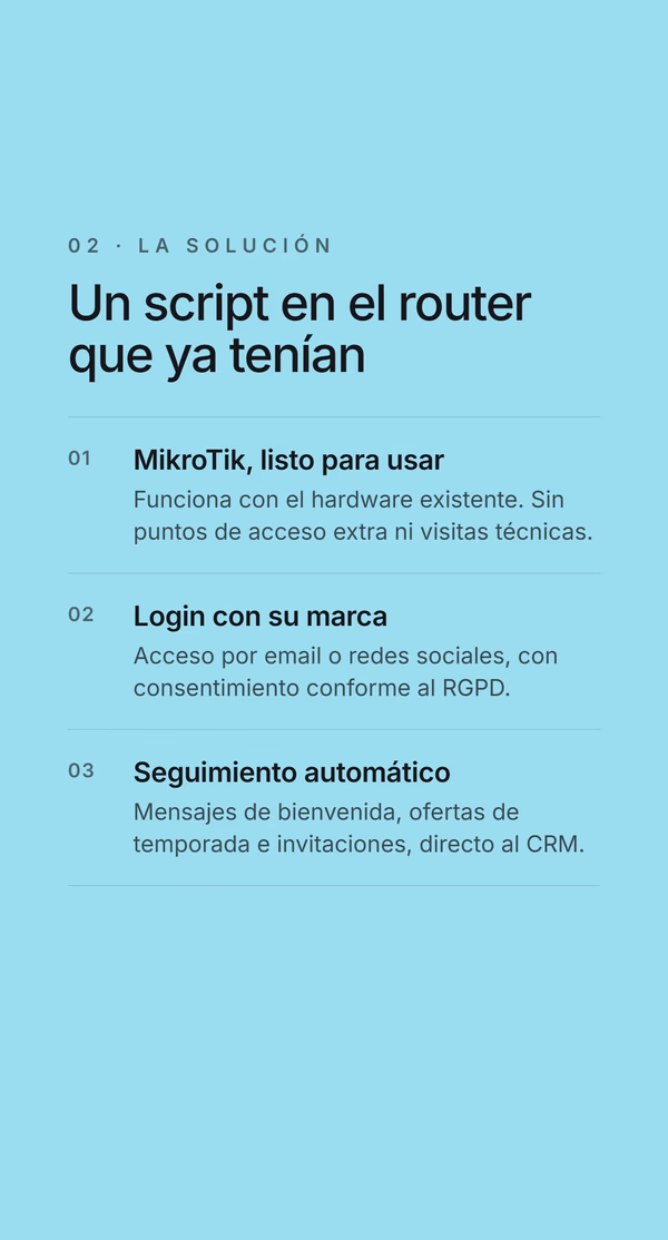 La solución - un script en el router MikroTik que ya tenían, login con la marca conforme al RGPD y seguimiento automático directo al CRM