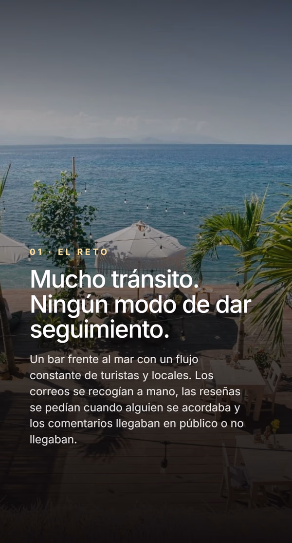 Vista al mar y a la terraza de Penida Colada al atardecer. Etiqueta 01 - El reto, titular 'Mucho tránsito. Ningún modo de dar seguimiento.' - los correos se recogían a mano, las reseñas se pedían cuando alguien se acordaba y los comentarios llegaban en público o no llegaban.