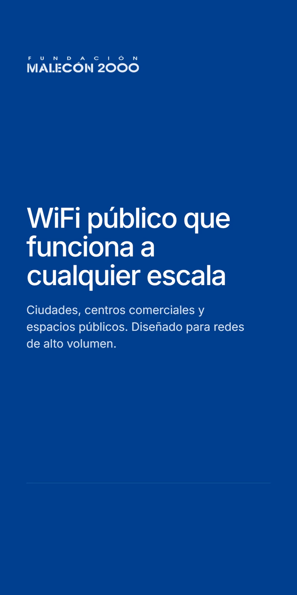 Diapositiva de cierre en azul oscuro con el logo de Fundación Malecón 2000, titular 'WiFi público que funciona a cualquier escala' y descripción - ciudades, centros comerciales y espacios públicos, diseñado para redes de alto volumen.