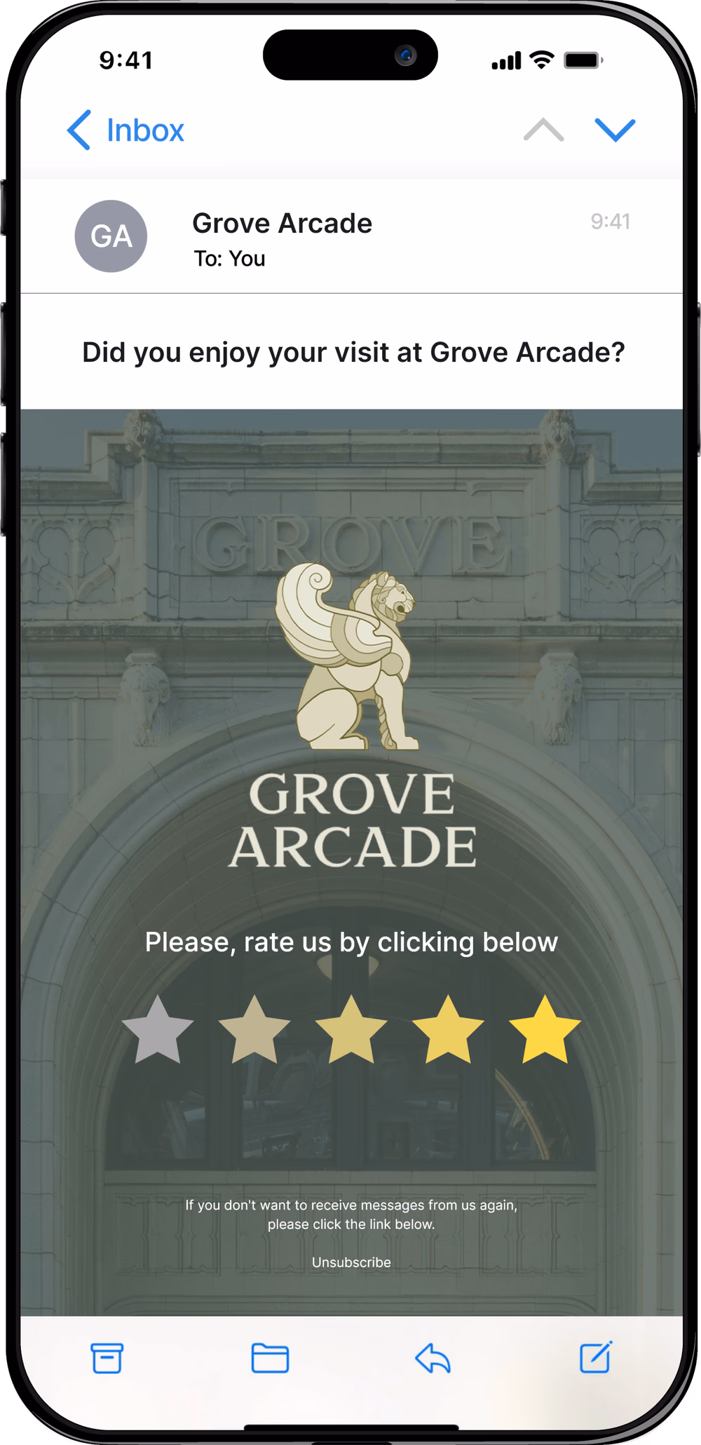 Grove Arcade Review Email