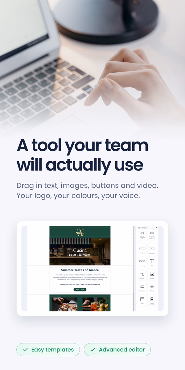 Drag-and-drop email editor building a restaurant marketing email, next to the headline 'A tool your team will actually use'