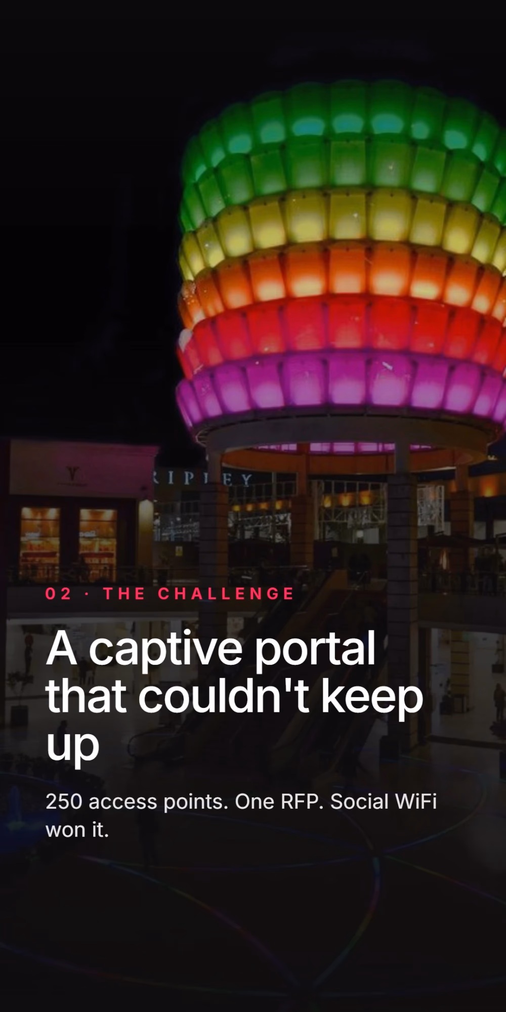 The challenge: a captive portal that couldn't keep up. 250 access points, one RFP, won by Social WiFi.