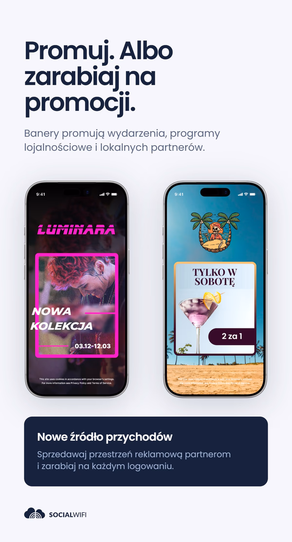 Dwie makiety banerów reklamowych na ekranie logowania WiFi - promocja 'Luminara Nowa kolekcja' i oferta baru na plaży 'Tylko w sobotę 2 za 1' - pod nagłówkiem 'Promuj. Albo zarabiaj na promocji.'
