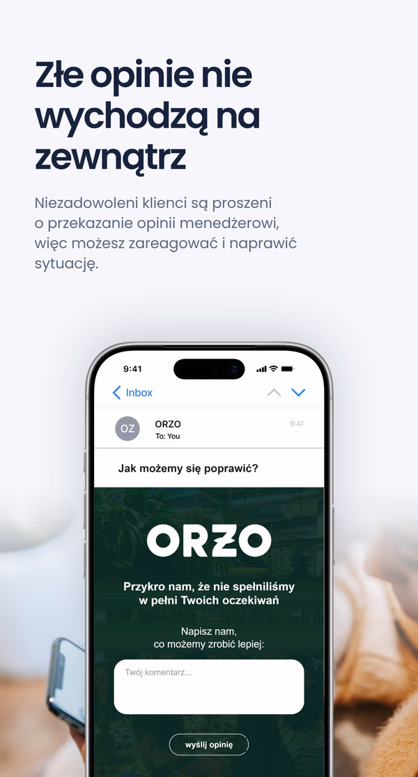Ekran telefonu z prywatnym formularzem opinii dla restauracji ORZO z pytaniem 'Jak możemy się poprawić?', pod nagłówkiem 'Złe opinie nie wychodzą na zewnątrz'