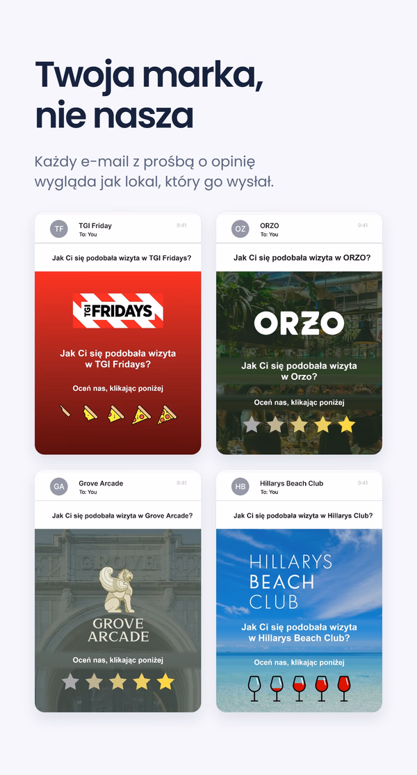 Cztery markowe e-maile z prośbą o opinię dla różnych lokali - TGI Fridays, ORZO, Grove Arcade i Hillarys Beach Club - każdy z własną tematyczną skalą ocen, pod hasłem 'Twoja marka, nie nasza'