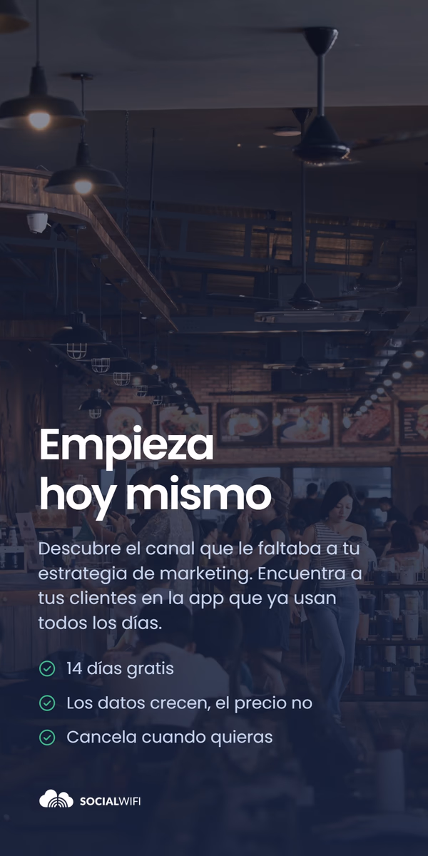 Huéspedes revisando sus teléfonos en un restaurante concurrido, bajo el titular 'Empieza hoy' y una lista de beneficios - 14 días gratis, sus datos crecen, el precio no, cancele cuando quiera