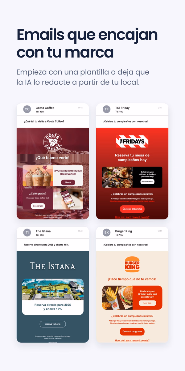 Cuatro correos electrónicos de marca - Costa Coffee, TGI Friday, The Istana y Burger King - bajo el titular 'Emails que encajan con su marca'