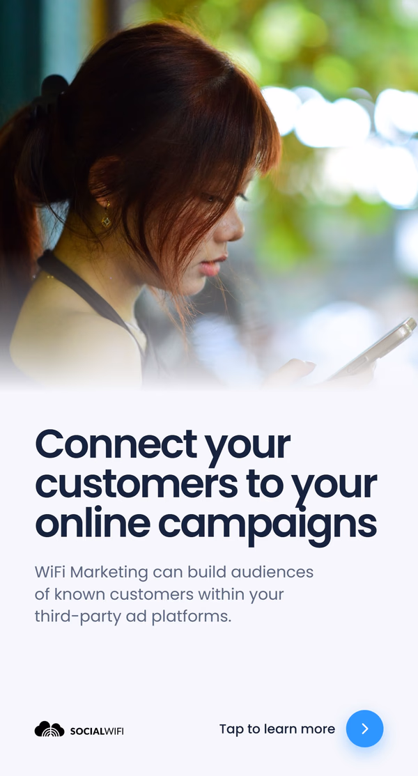 Guest checking their phone against a blurred green backdrop, with the headline 'Connect your customers to your online campaigns'