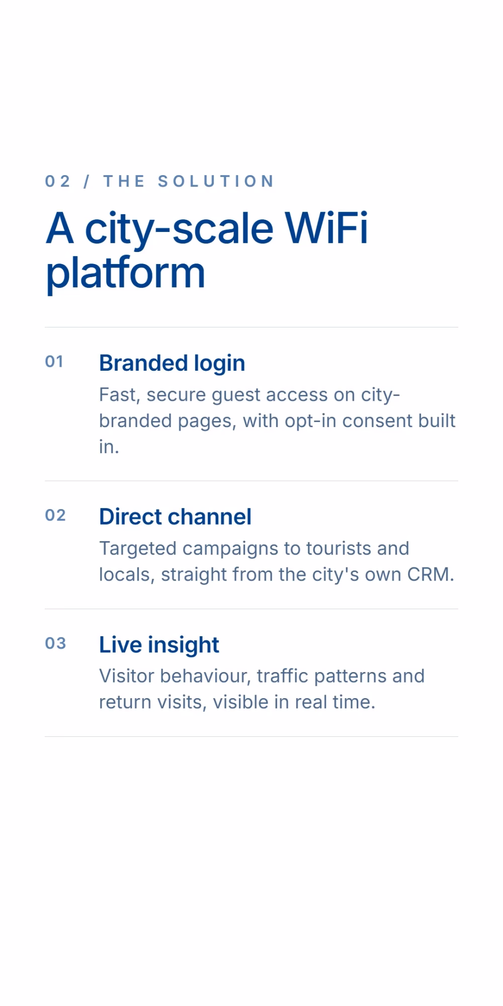 The solution: a city-scale WiFi platform. A branded login giving fast, secure guest access with opt-in consent built in, a direct channel for targeted campaigns to tourists and locals from the city's own CRM, and live insight into visitor behaviour, traffic patterns and return visits.