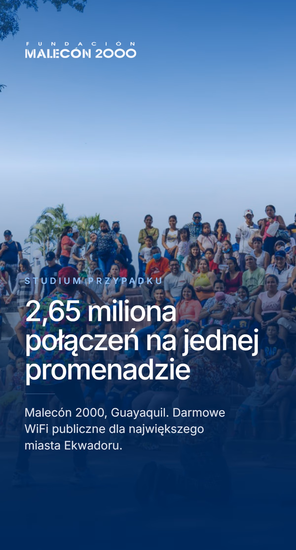 Slajd tytułowy studium przypadku Malecón 2000 z logo Fundación Malecón 2000 i tłumem odwiedzających na promenadzie w Guayaquil, pod nagłówkiem '2,65 miliona połączeń na jednej promenadzie' i podpisem 'Malecón 2000, Guayaquil. Darmowe WiFi publiczne dla największego miasta Ekwadoru.'