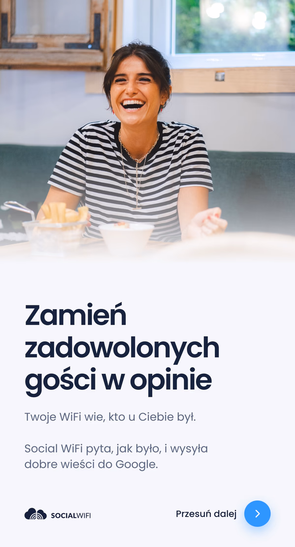 Uśmiechnięta kobieta przy stoliku w restauracji z jedzeniem, z nagłówkiem 'Zamień zadowolonych gości w opinie'