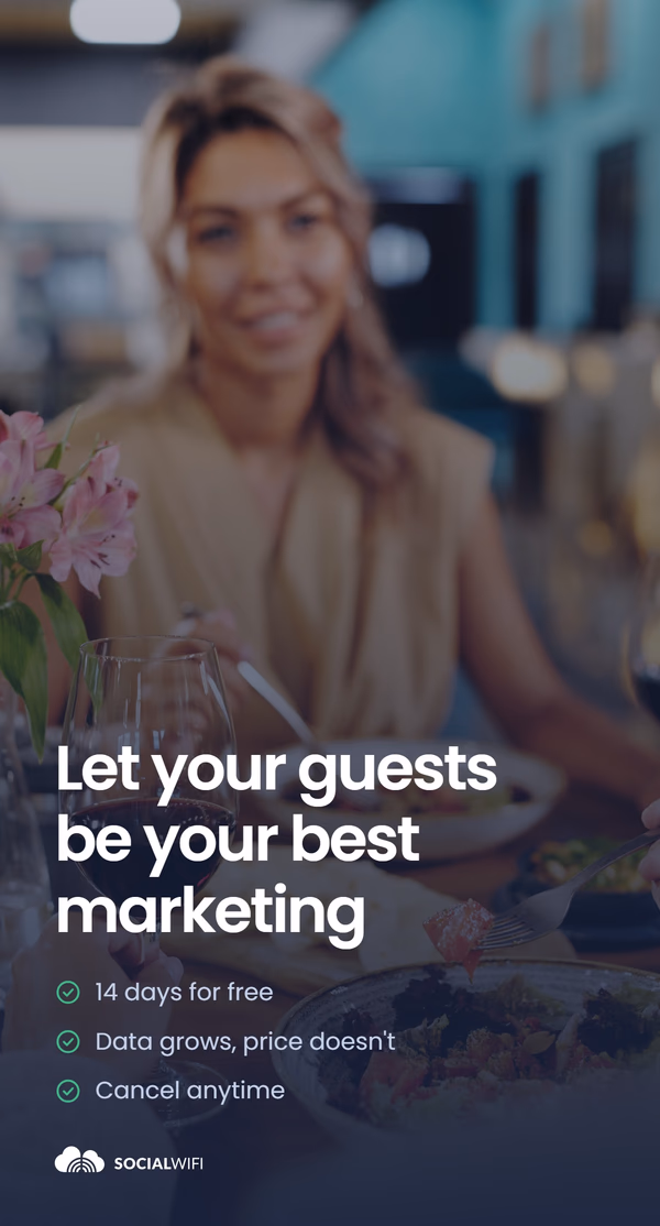 Guests enjoying a meal and wine at a restaurant table, with the headline 'Let your guests be your best marketing'