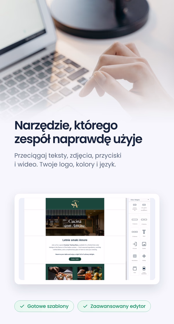 Kreator e-maili typu przeciągnij-i-upuść pokazujący e-mail restauracji Amici, obok nagłówka 'Narzędzie, którego zespół naprawdę użyje'