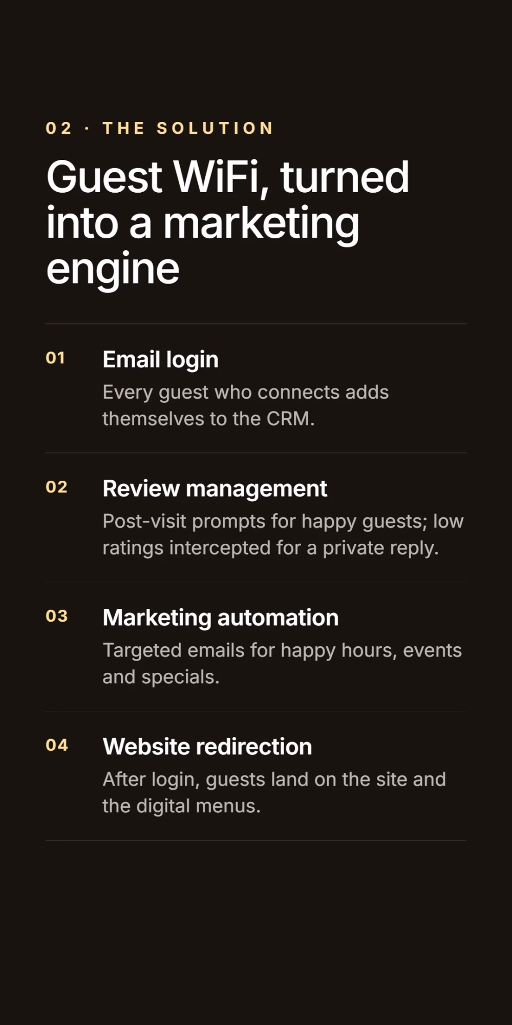 The solution: guest WiFi turned into a marketing engine. Email login adds every guest to the CRM, review management prompts happy guests and intercepts low ratings for a private reply, marketing automation sends targeted emails for happy hours and events, and website redirection lands guests on the digital menus.