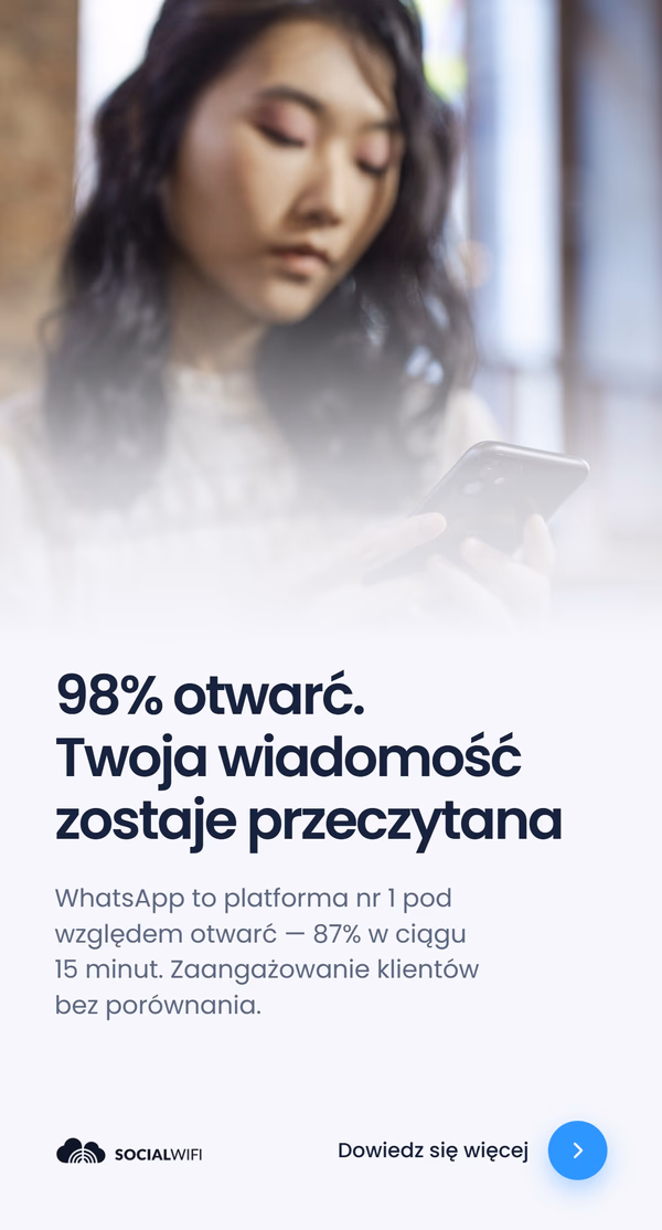 Kobieta patrząca na telefon, pod nagłówkiem '98% otwarć sprawia, że Twoja wiadomość zostaje przeczytana' i tekstem 'WhatsApp to platforma numer 1 pod względem otwarć - 87% w ciągu 15 minut. Niezrównane zaangażowanie klientów.'