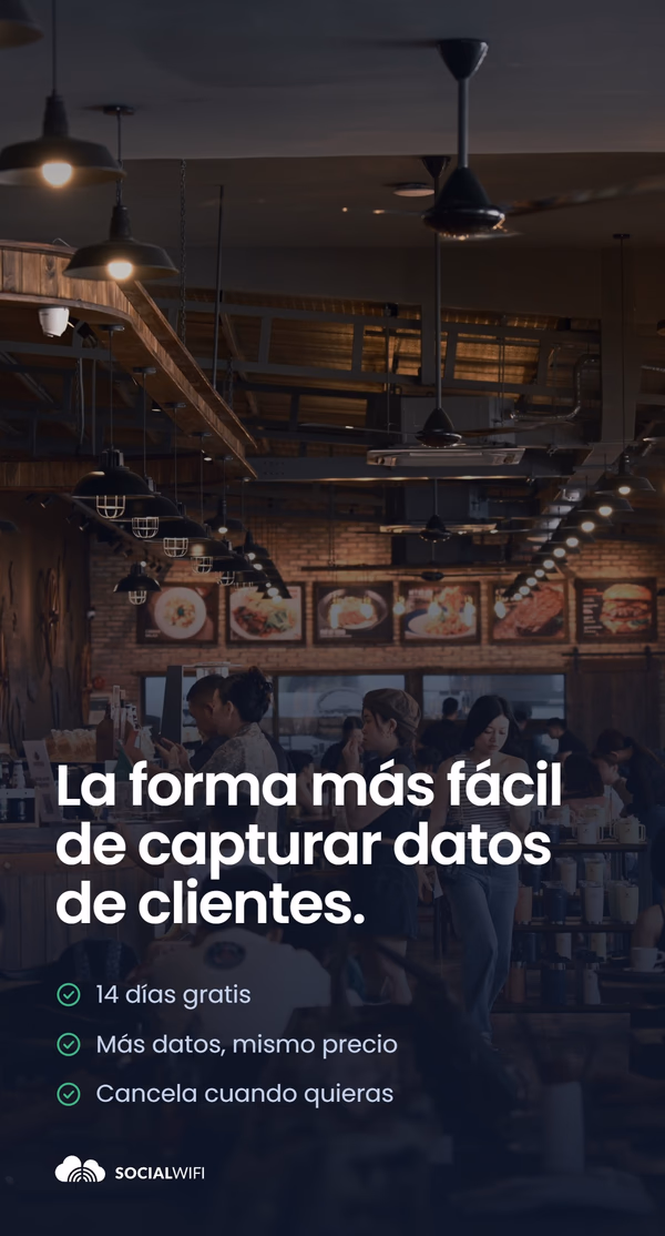 Personas usando sus teléfonos en un restaurante concurrido, bajo el titular 'La forma más fácil de capturar datos de clientes' y una lista de beneficios - 14 días gratis, más datos mismo precio, y cancela cuando quieras