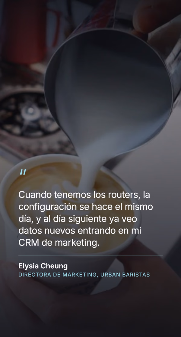 Cita de la clienta - 'Cuando tenemos los routers, la configuración se hace el mismo día, y al día siguiente ya veo datos nuevos entrando en mi CRM de marketing' - Elysia Cheung, Directora de Marketing, Urban Baristas