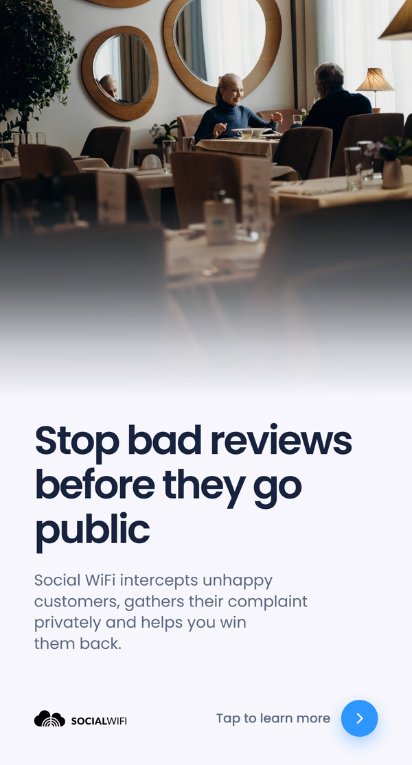 Elderly couple dining together in an elegant restaurant with round mirrors on the wall, with the headline 'Stop bad reviews before they go public' and text explaining that Social WiFi intercepts unhappy customers, gathers their complaint privately and helps you win them back