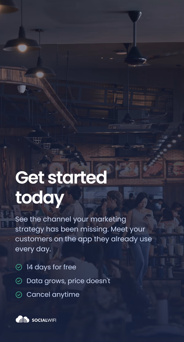Guests checking their phones inside a busy restaurant, under the headline 'Get started today' and a checklist highlighting a 14-day free trial, pricing that doesn't grow with your data, and cancelling anytime