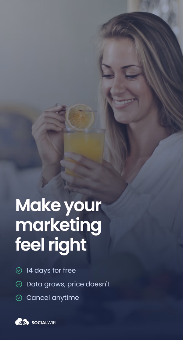 Woman smiling while enjoying a drink at home, next to the headline 'Make your marketing feel right'