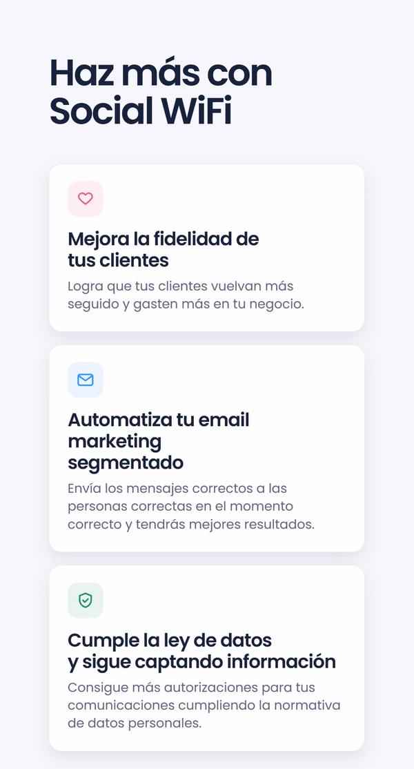 Tres tarjetas de beneficios bajo el titular 'Haz más con Social WiFi' - Mejora la fidelidad de tus clientes, Automatiza tu email marketing segmentado, Cumple la ley de datos y sigue captando información