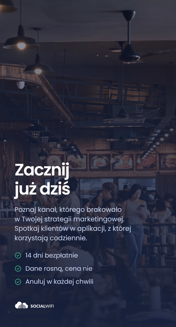 Goście sprawdzający telefony w ruchliwej restauracji, pod nagłówkiem 'Zacznij już dziś' i listą korzyści - 14 dni za darmo, dane rosną, cena nie, anuluj kiedy chcesz