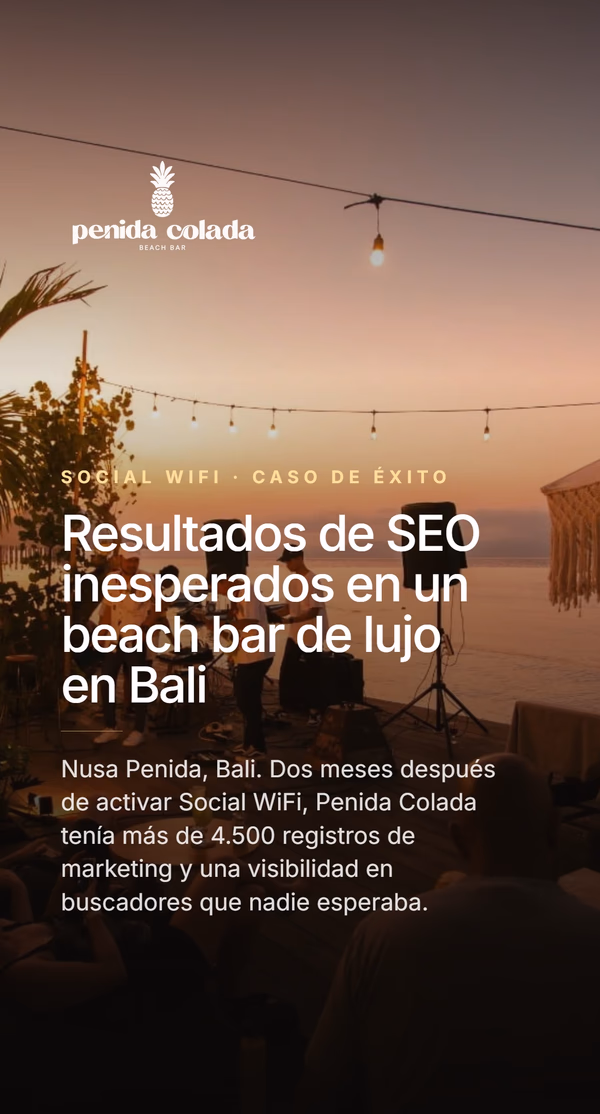Portada del caso de éxito de Penida Colada Beach Bar en Bali al atardecer. Titular 'Resultados de SEO inesperados en un beach bar de lujo en Bali' - dos meses después de activar Social WiFi el bar sumó más de 4.500 registros de marketing y una visibilidad en buscadores que nadie esperaba.