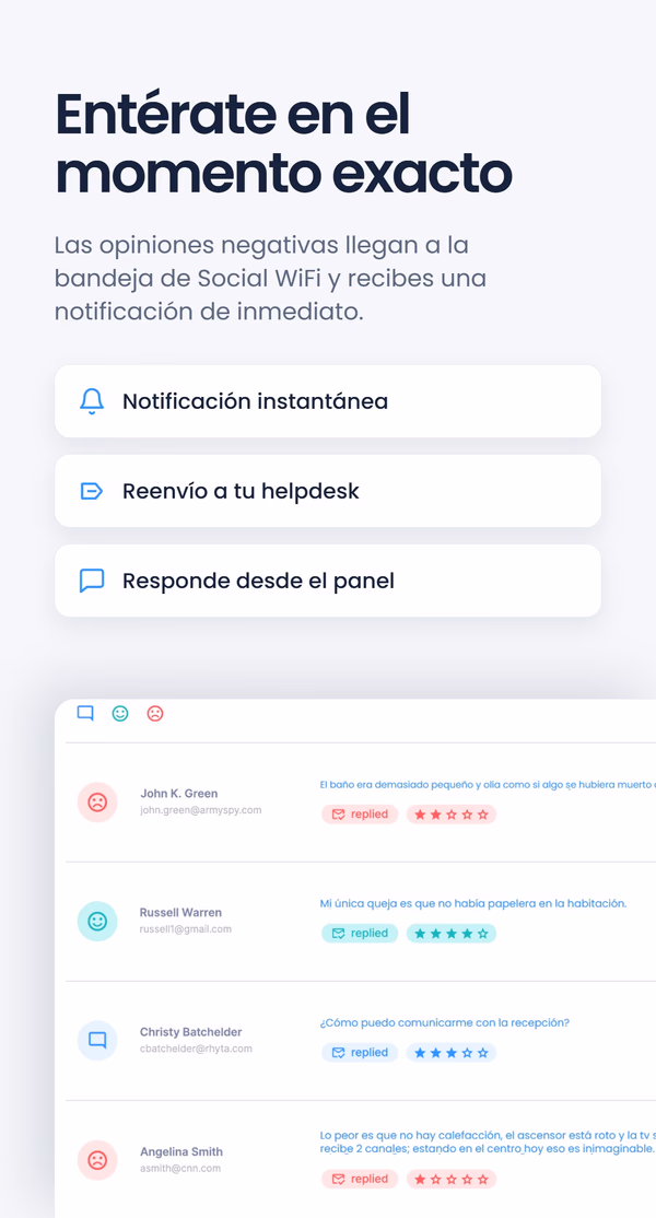 Captura de un panel bajo el titular 'Entérate en el momento exacto' - Notificación instantánea, Reenvío a tu helpdesk, Responde desde el panel - con una lista de reseñas de huéspedes y valoraciones en estrellas