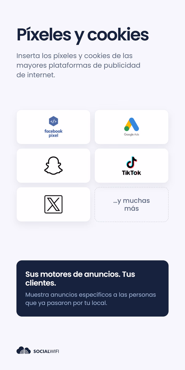 Cuadrícula de logotipos de plataformas publicitarias - Facebook Pixel, Google Ads, Snapchat, TikTok y X - bajo el titular 'Píxeles y cookies' y el texto 'Sus motores de anuncios. Sus clientes.'