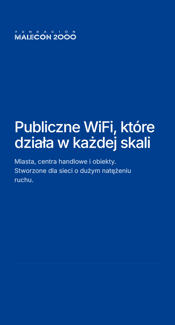 Zamykający, granatowy slajd z logo Fundación Malecón 2000, nagłówkiem 'Publiczne WiFi, które działa w każdej skali' i opisem - miasta, centra handlowe i obiekty, stworzone dla sieci o dużym natężeniu ruchu.