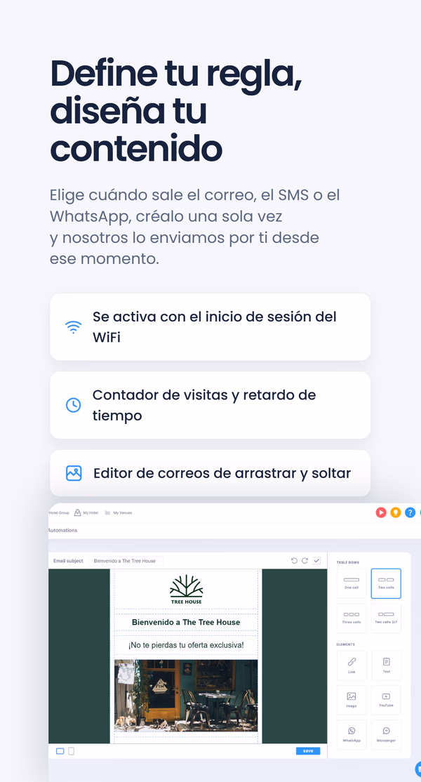 Tres elementos bajo el titular 'Define tu regla, diseña tu contenido' - se activa con el inicio de sesión del WiFi, contador de visitas y retardo de tiempo, editor de correos de arrastrar y soltar - junto a una captura del panel de automatización de Tree House