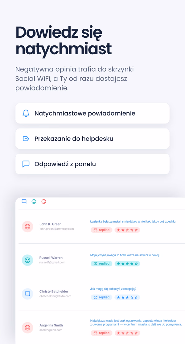 Zrzut panelu pod nagłówkiem 'Dowiedz się natychmiast' - Natychmiastowe powiadomienie, Przekazanie do helpdesku, Odpowiedź z panelu - z listą opinii gości z ocenami w gwiazdkach