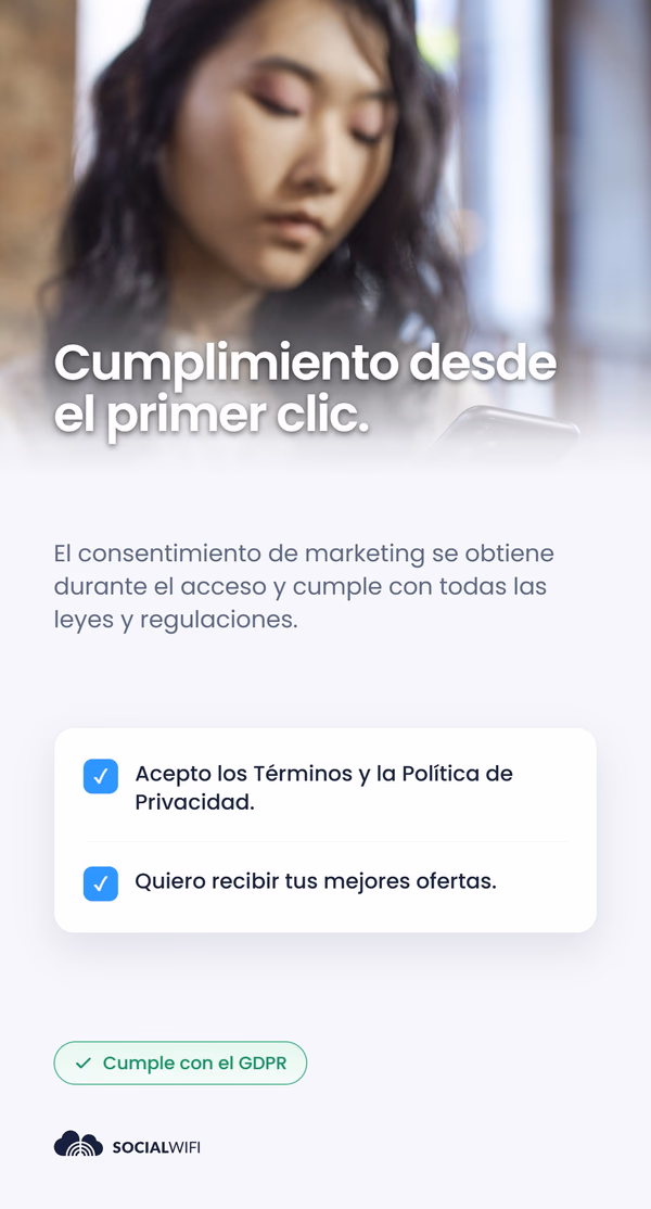Mujer revisando su teléfono junto al titular 'Cumplimiento desde el primer clic', con un panel de consentimiento de acceso WiFi que muestra las casillas marcadas 'Acepto los Términos y la Política de Privacidad' y 'Quiero recibir tus mejores ofertas', y la insignia 'Cumple con el GDPR'