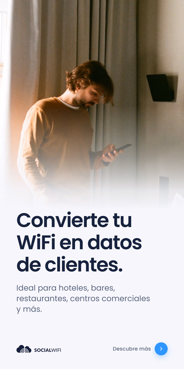 Hombre revisando su teléfono junto a un punto de acceso WiFi montado en la pared, bajo el titular 'Convierte su WiFi en datos de clientes' y el texto 'Ideal para hoteles, bares, restaurantes, centros comerciales y más'