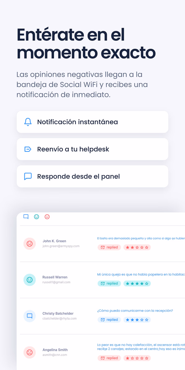 Captura de un panel bajo el titular 'Entérate en el momento exacto' - Notificación instantánea, Reenvío a su helpdesk, Responde desde el panel - con una lista de reseñas de huéspedes y valoraciones en estrellas