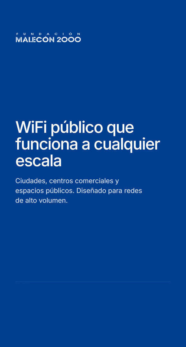 Diapositiva de cierre en azul oscuro con el logo de Fundación Malecón 2000, titular 'WiFi público que funciona a cualquier escala' y descripción - ciudades, centros comerciales y espacios públicos, diseñado para redes de alto volumen.
