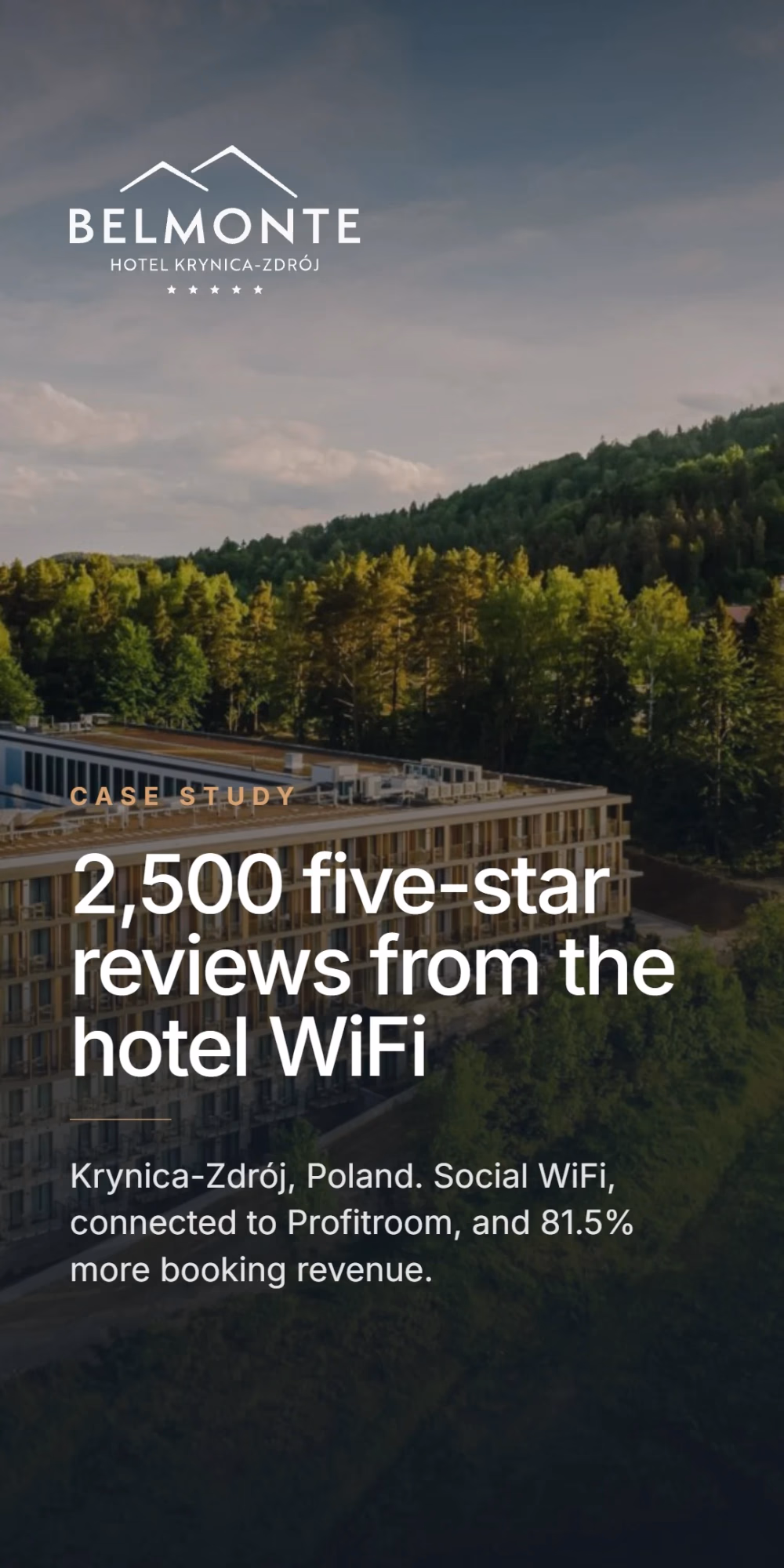 Social WiFi case study cover: 2,500 five-star reviews from the hotel WiFi. Krynica-Zdroj, Poland - Social WiFi connected to Profitroom, and 81.5% more booking revenue.