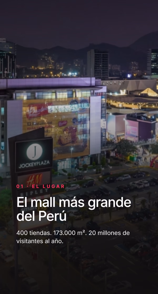 Foto nocturna del edificio de Jockey Plaza con su letrero iluminado. Etiqueta 01 - El lugar, titular El mall más grande del Perú, datos: 400 tiendas, 173.000 m2, 20 millones de visitantes al año.