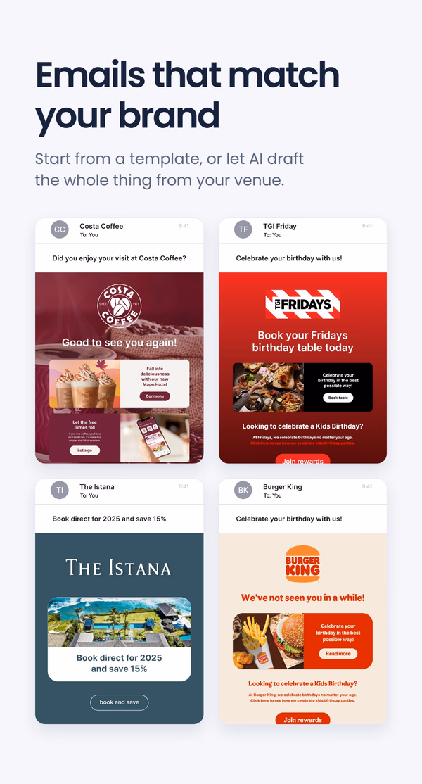 Four branded marketing emails for different venues shown in inbox previews, under the headline 'Emails that match your brand'