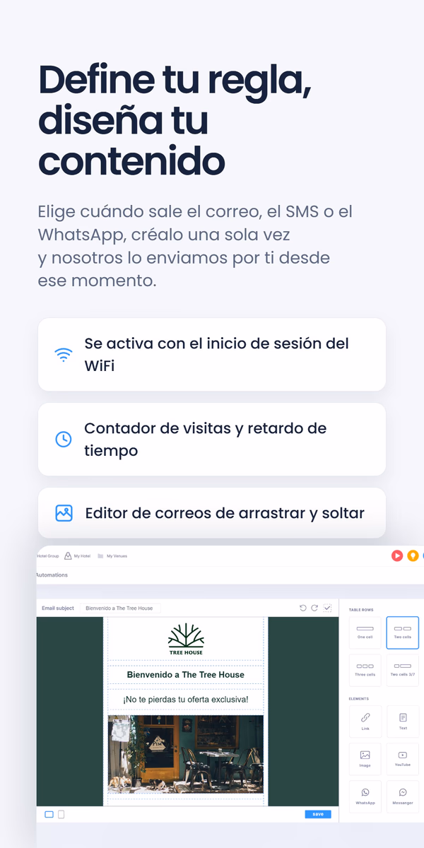 Tres elementos bajo el titular 'Define su regla, diseña su contenido' - se activa con el inicio de sesión del WiFi, contador de visitas y retardo de tiempo, editor de correos de arrastrar y soltar - junto a una captura del panel de automatización de Tree House