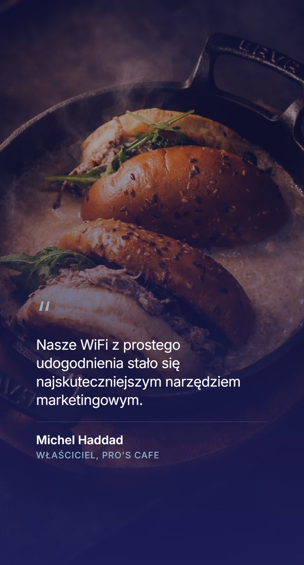 Zdjęcie kanapek na patelni w kawiarni Pro's Cafe, z cytatem klienta 'Nasze WiFi z prostego udogodnienia stało się najskuteczniejszym narzędziem marketingowym' - Michel Haddad, właściciel Pro's Cafe
