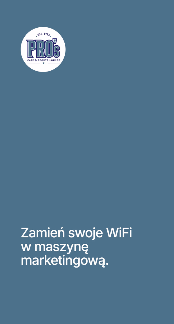 Zamykający slajd na turkusowym tle z logo Pro's Cafe i hasłem 'Zamień swoje WiFi w maszynę marketingową'